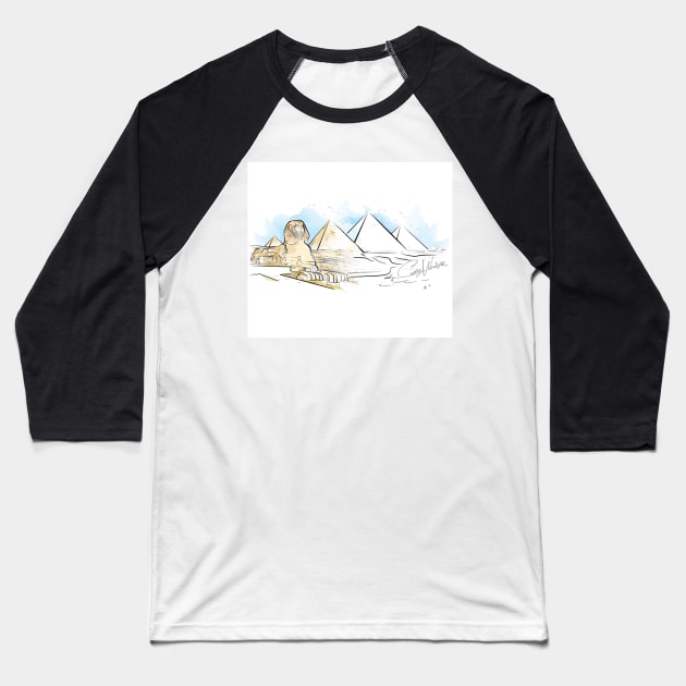 Pyramids & Sphinx at Giza Watercolour Mask Baseball T-Shirt by CRWPROD